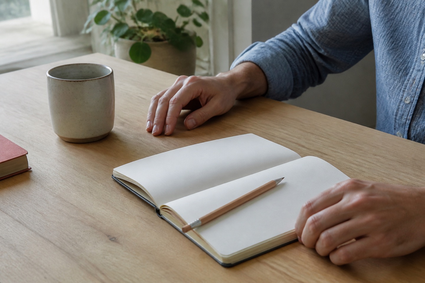 Un carnet ouvert et une tasse sur une table près d’une fenêtre